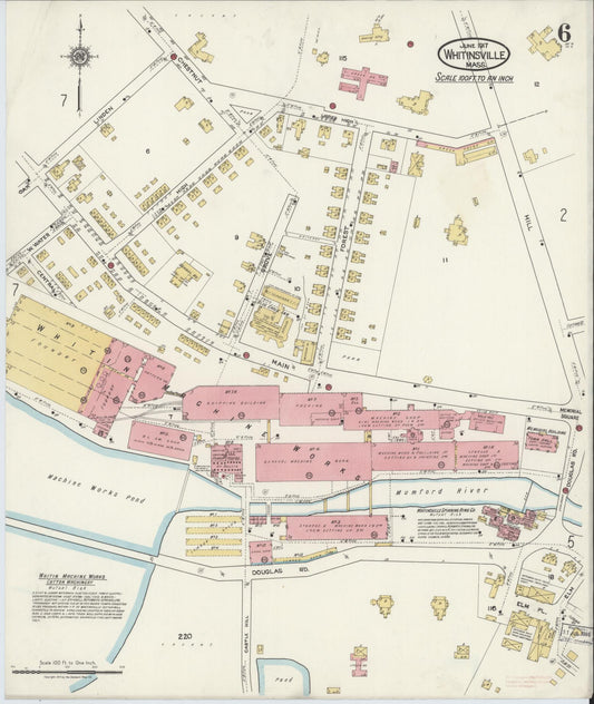 Sanborn Fire Insurance Map from Whitinsville, Worcester County, Massachusetts (1917), Sheet #0006 - Historic Sanborn Fire Insurance Map Print, vintage old map wall art, antique decor, genealogy gift, Massachusetts Massachusetts map