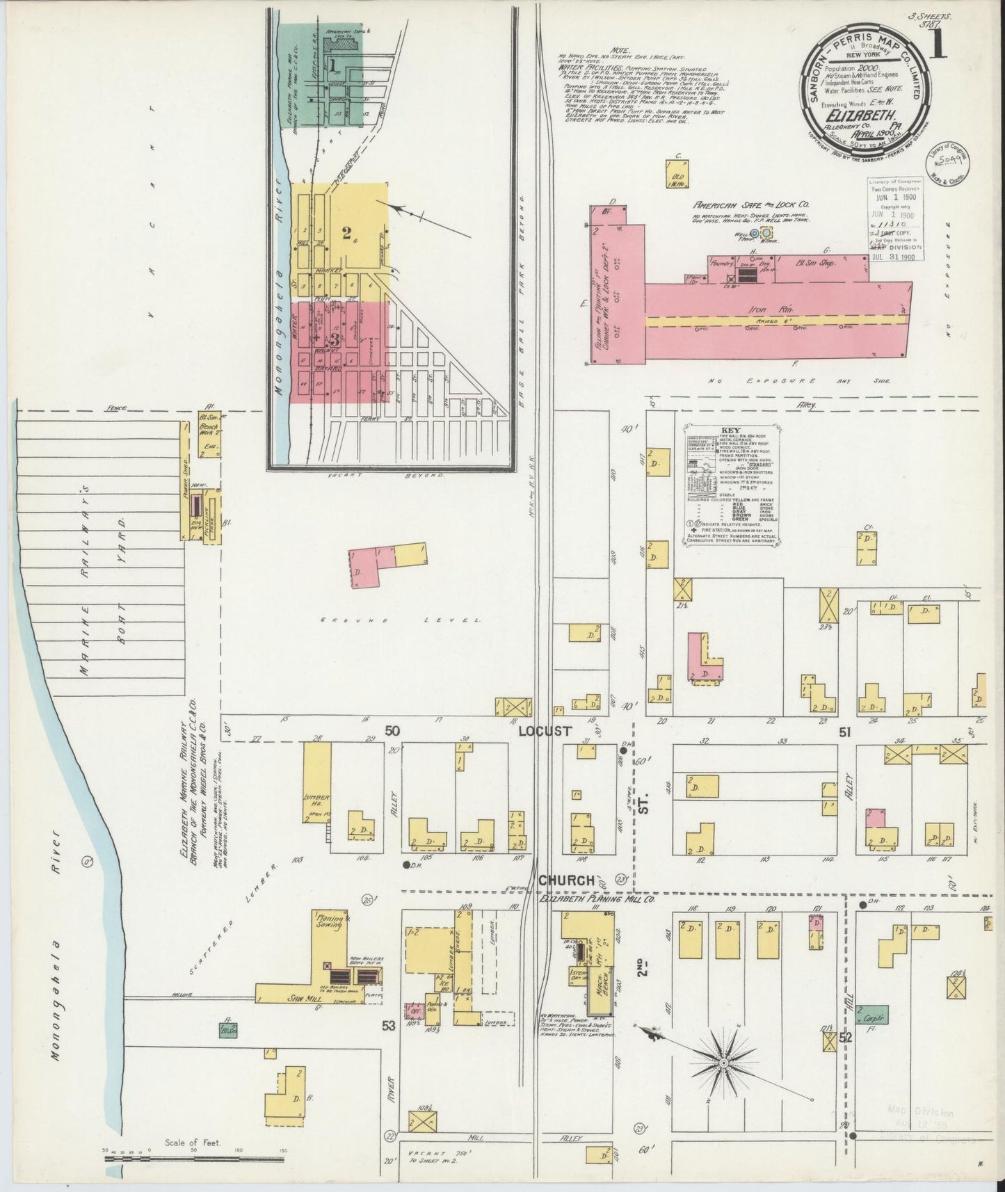 Sanborn Fire Insurance Map from Elizabeth, Allegheny County, Pennsylvania (1900), Sheet #0001 - Historic Sanborn Fire Insurance Map Print, vintage old map wall art, antique decor, genealogy gift, Pennsylvania Pennsylvania map