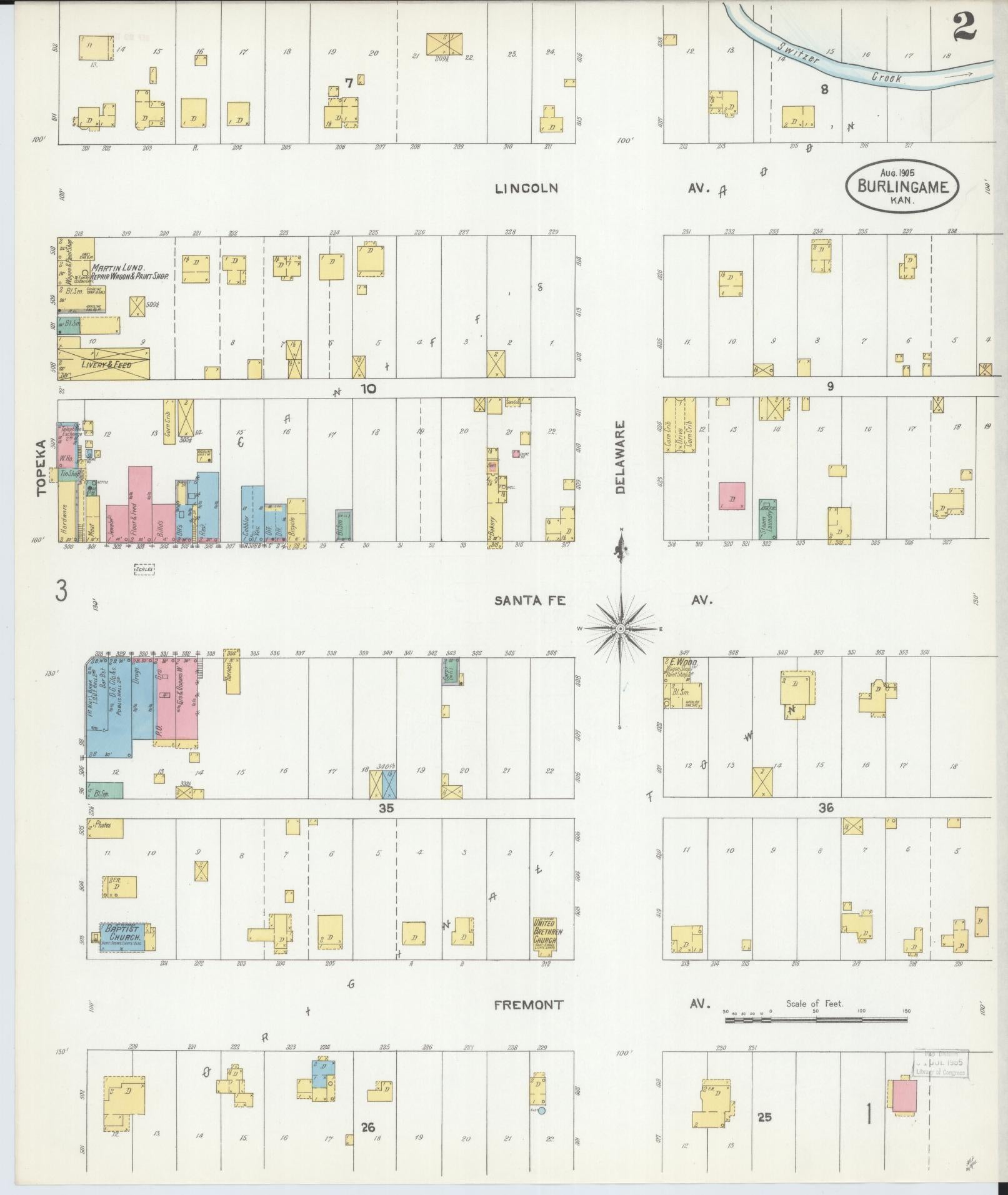 Sanborn Fire Insurance Map from Burlingame, Osage County, Kansas (1905), Sheet #0002 - Historic Sanborn Fire Insurance Map Print, vintage old map wall art, antique decor, genealogy gift, Kansas Kansas map