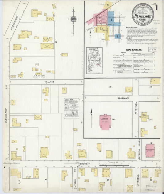 Sanborn Fire Insurance Map from Headland, Henry County, Alabama (1916), Sheet #0001 - Historic Sanborn Fire Insurance Map Print, vintage old map wall art, antique decor, genealogy gift, Alabama Alabama map