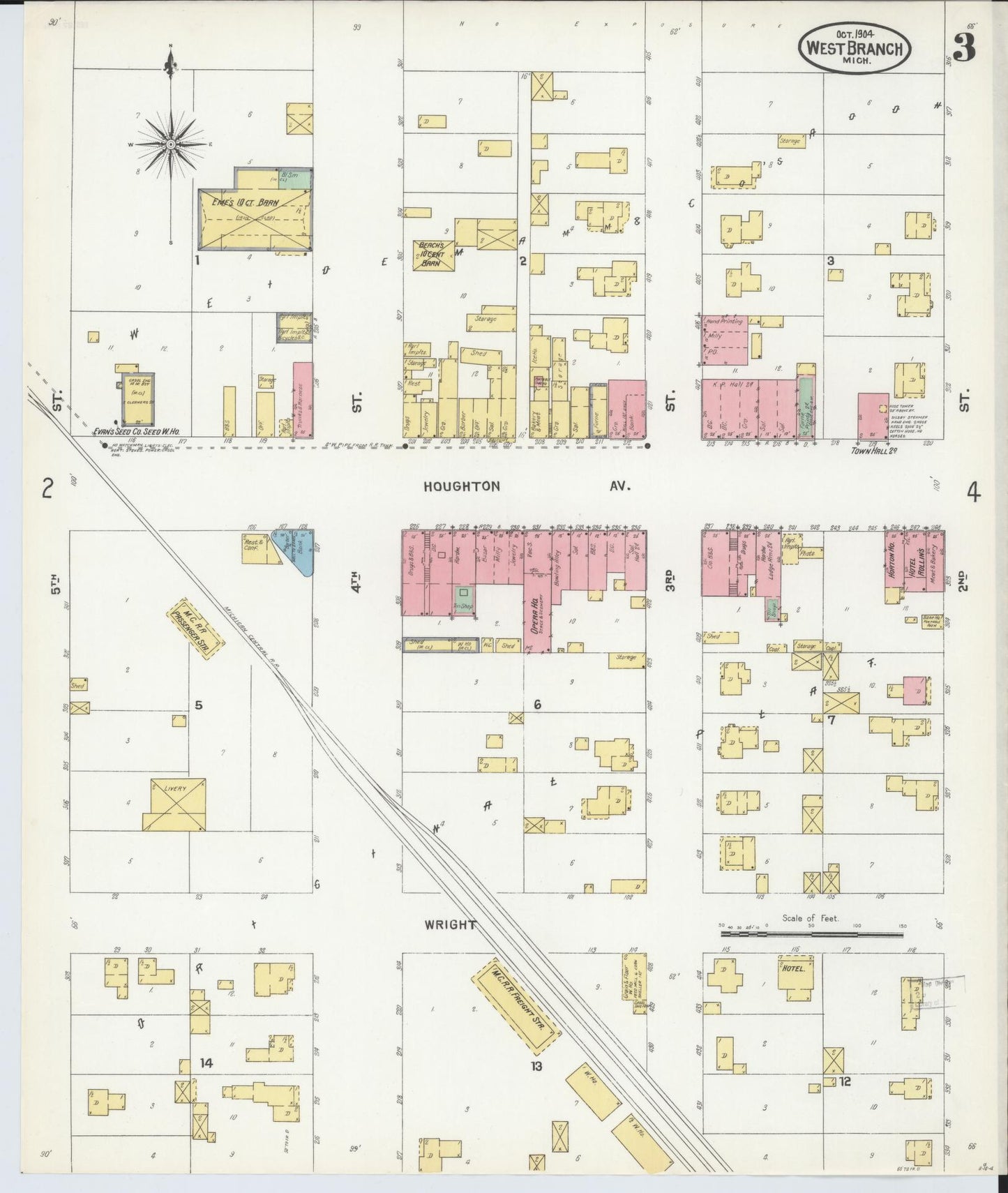 Sanborn Fire Insurance Map from West Branch, Ogemaw County, Michigan (1904), Sheet #0003 - Historic Sanborn Fire Insurance Map Print, vintage old map wall art, antique decor, genealogy gift, Michigan Michigan map