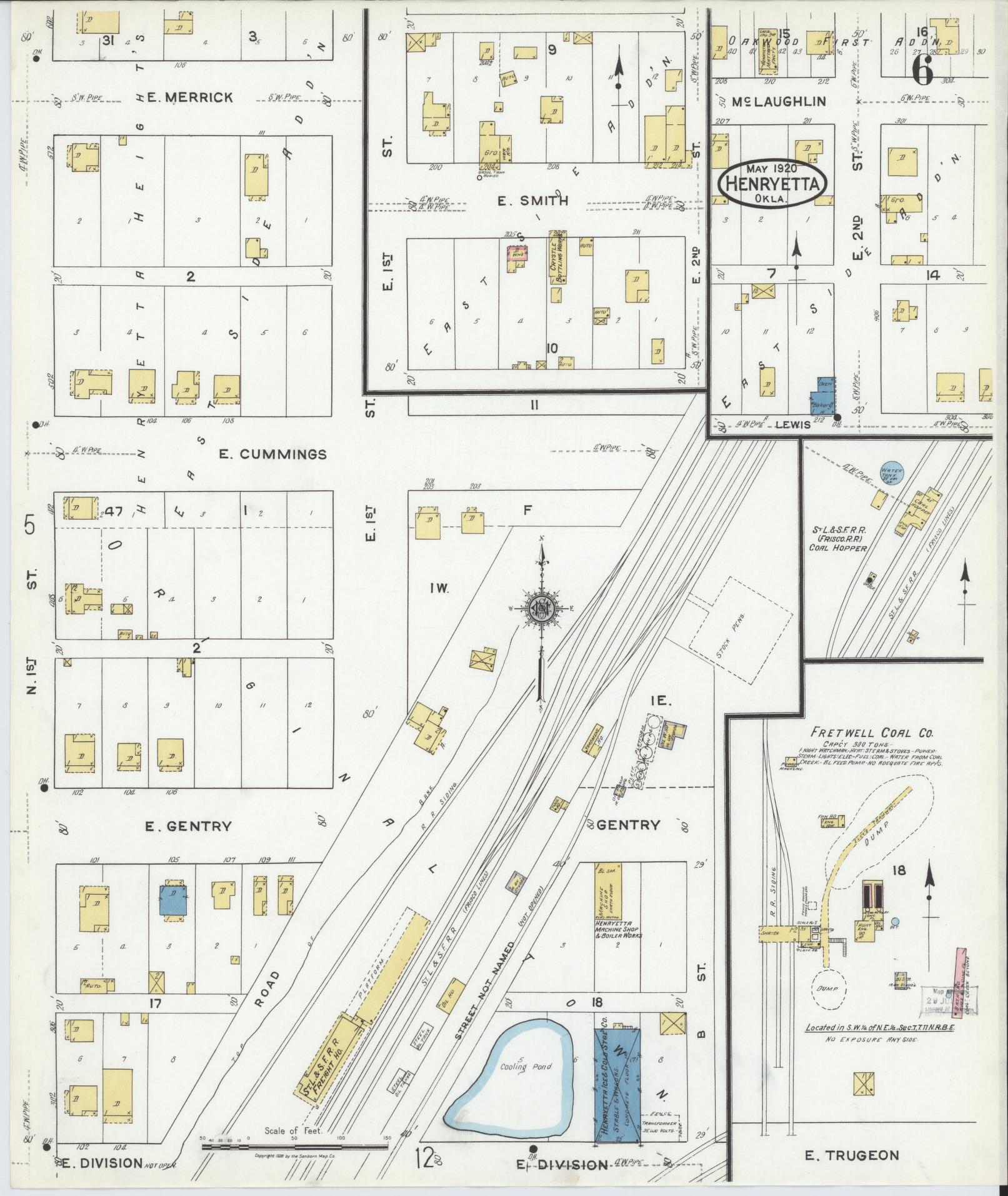 Sanborn Fire Insurance Map from Henryetta, Okmulgee County, Oklahoma (1920), Sheet #0006 - Historic Sanborn Fire Insurance Map Print, vintage old map wall art, antique decor, genealogy gift, Oklahoma Oklahoma map