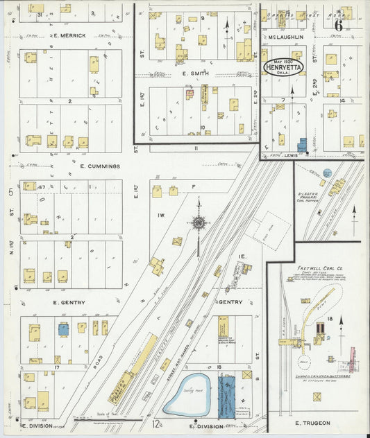 Sanborn Fire Insurance Map from Henryetta, Okmulgee County, Oklahoma (1920), Sheet #0006 - Historic Sanborn Fire Insurance Map Print, vintage old map wall art, antique decor, genealogy gift, Oklahoma Oklahoma map