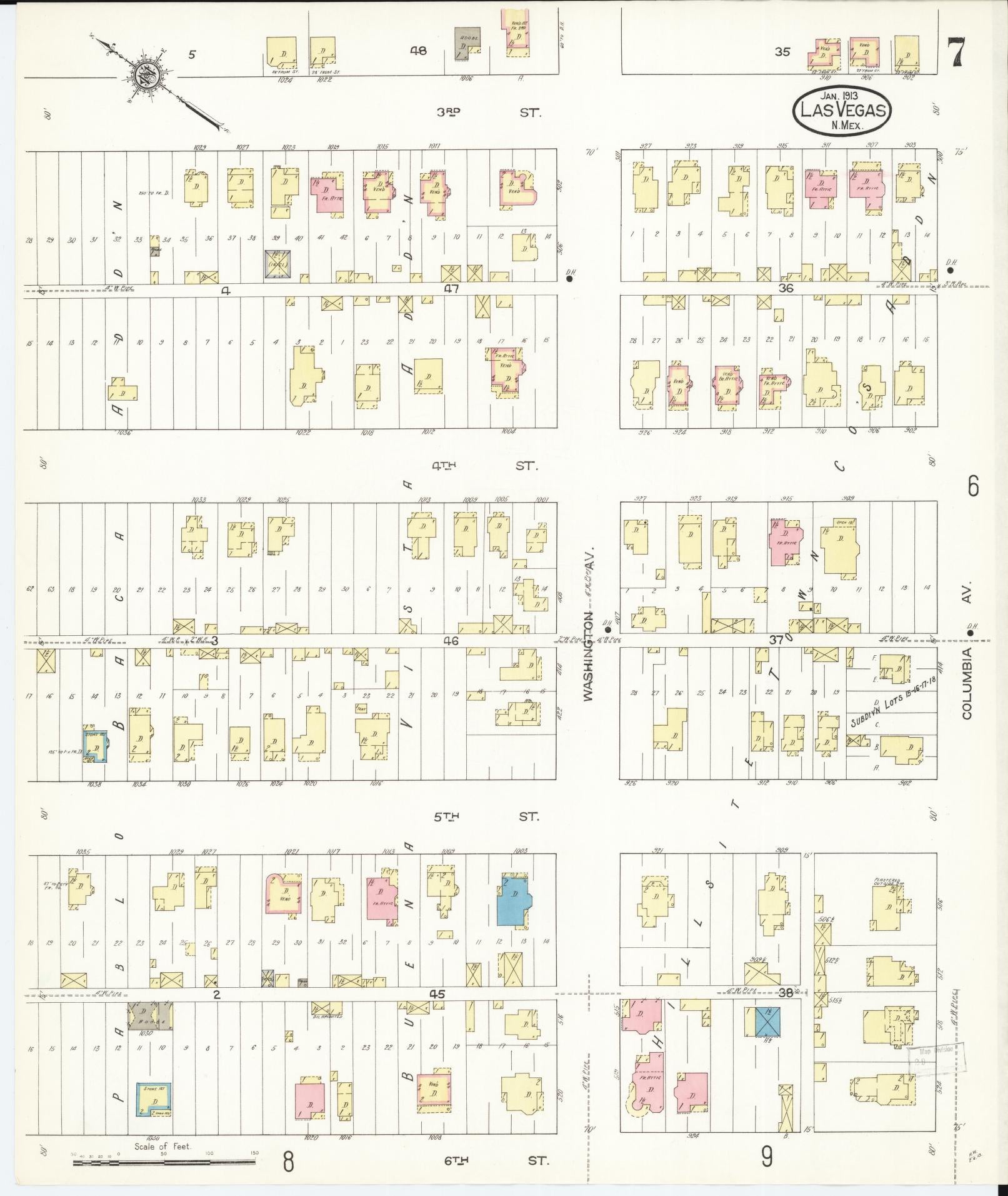 Sanborn Fire Insurance Map from Las Vegas, San Miguel County, New Mexico (1913), Sheet #0007 - Complete Map Set gallery image, historic Sanborn map, vintage wall art, New Mexico New Mexico