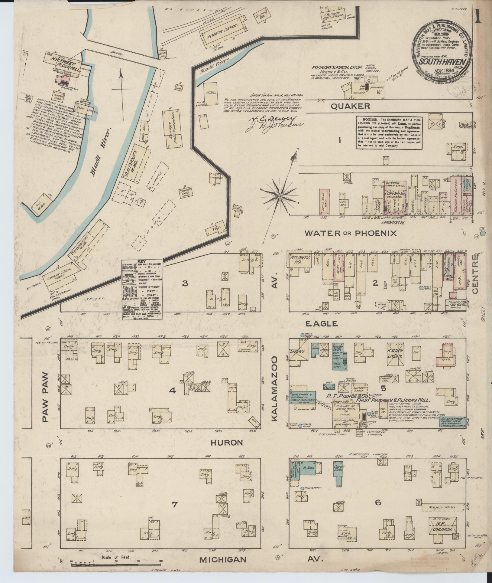 Sanborn Fire Insurance Map from South Haven, Van Buren County, Michigan (1884), Sheet #0001 - Historic Sanborn Fire Insurance Map Print, vintage old map wall art, antique decor, genealogy gift, Michigan Michigan map