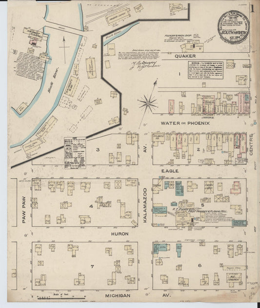 Sanborn Fire Insurance Map from South Haven, Van Buren County, Michigan (1884), Sheet #0001 - Historic Sanborn Fire Insurance Map Print, vintage old map wall art, antique decor, genealogy gift, Michigan Michigan map