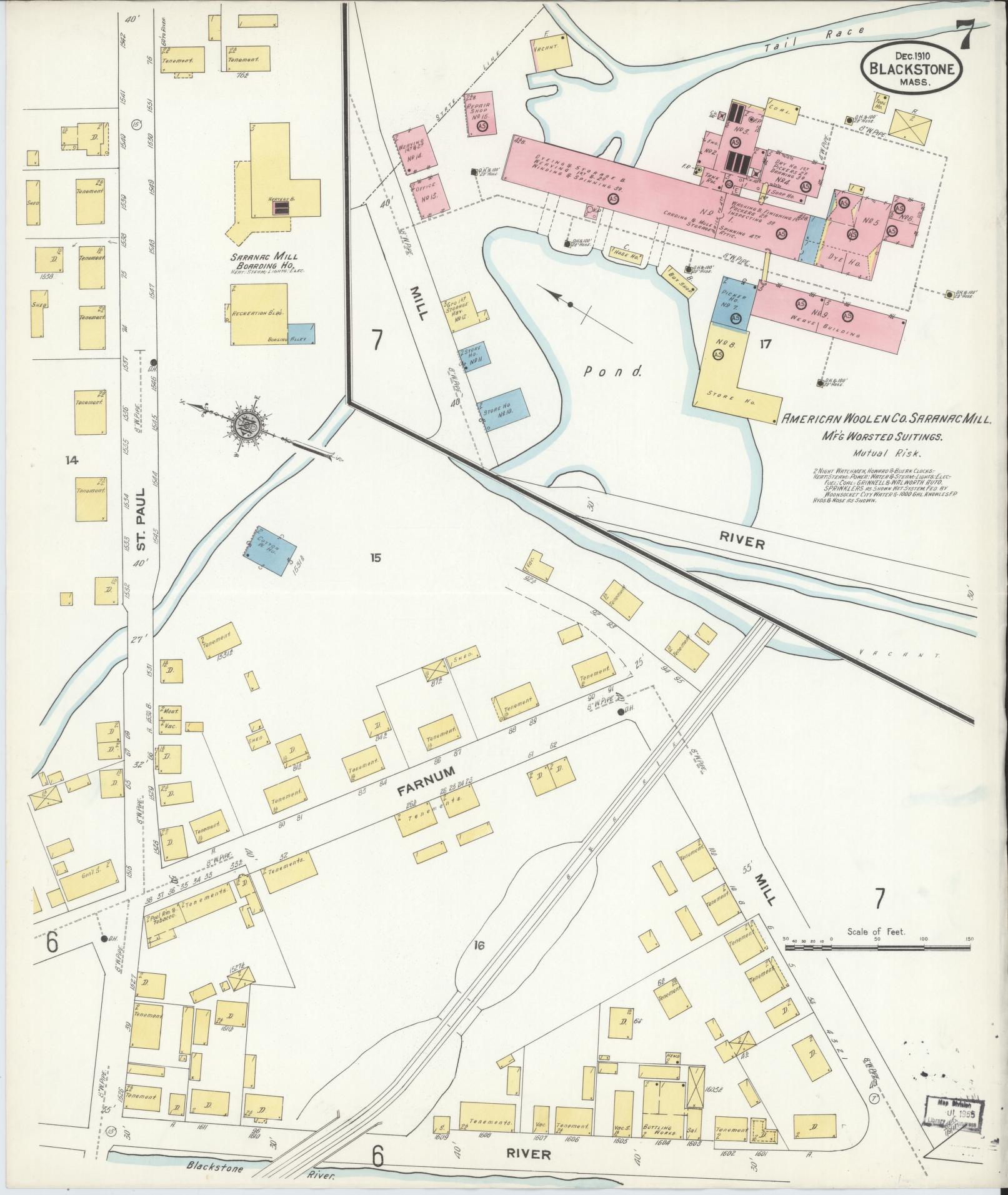 Sanborn Fire Insurance Map from Blackstone, Worcester County, Massachusetts (1910), Sheet #0007 - Complete Map Set gallery image, historic Sanborn map, vintage wall art, Massachusetts Massachusetts