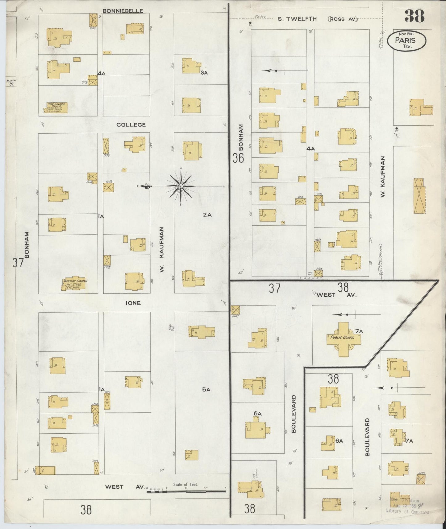 Sanborn Fire Insurance Map from Paris, Lamar County, Texas (1908), Sheet #0038 - Complete Map Set gallery image, historic Sanborn map, vintage wall art, Texas Texas