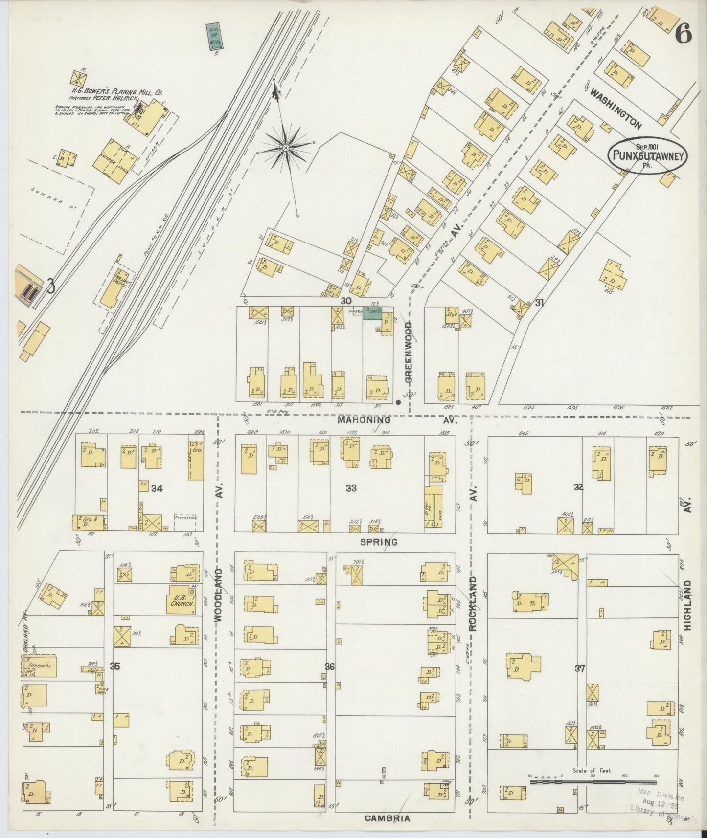 Sanborn Fire Insurance Map from Punxsutawney, Jefferson County, Pennsylvania (1901), Sheet #0006 - Historic Sanborn Fire Insurance Map Print, vintage old map wall art, antique decor, genealogy gift, Pennsylvania Pennsylvania map