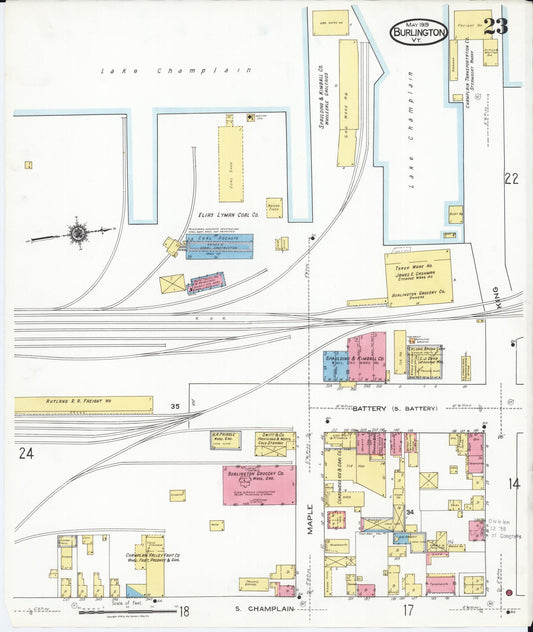 Sanborn Fire Insurance Map from Burlington, Chittenden County, Vermont (1919), Sheet #0023 - Historic Sanborn Fire Insurance Map Print, vintage old map wall art, antique decor, genealogy gift, Vermont Vermont map