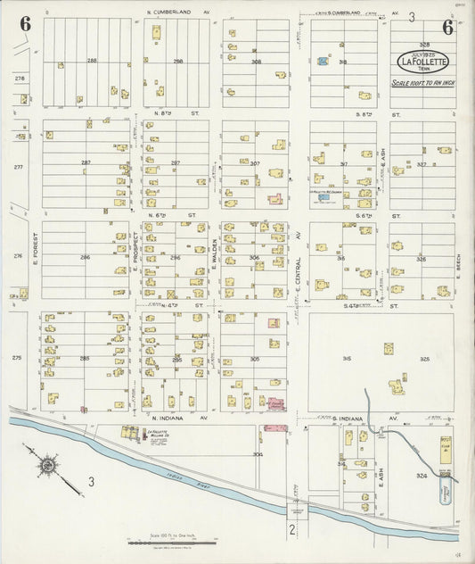 Sanborn Fire Insurance Map from La Follette, Campbell County, Tennessee (1925), Sheet #0006 - Historic Sanborn Fire Insurance Map Print, vintage old map wall art, antique decor, genealogy gift, Tennessee Tennessee map
