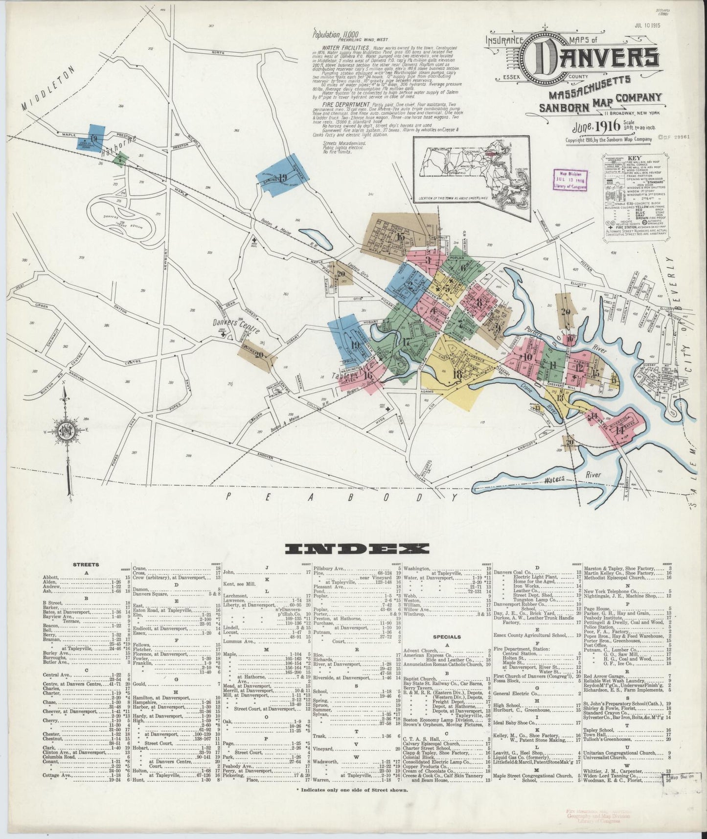 Sanborn Fire Insurance Map from Danvers, Essex County, Massachusetts (1916), Sheet #0001 - Complete Map Set gallery image, historic Sanborn map, vintage wall art, Massachusetts Massachusetts