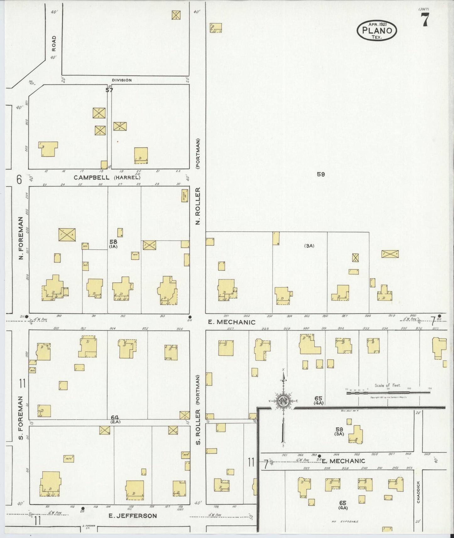 Sanborn Fire Insurance Map from Plano, Collin County, Texas (1921), Sheet #0007 - Historic Sanborn Fire Insurance Map Print, vintage old map wall art, antique decor, genealogy gift, Texas Texas map