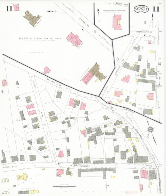 Sanborn Fire Insurance Map from Santa Fe, Santa Fe County, New Mexico (1930), Sheet #0011 - Historic Sanborn Fire Insurance Map Print, vintage old map wall art, antique decor, genealogy gift, New Mexico New Mexico map