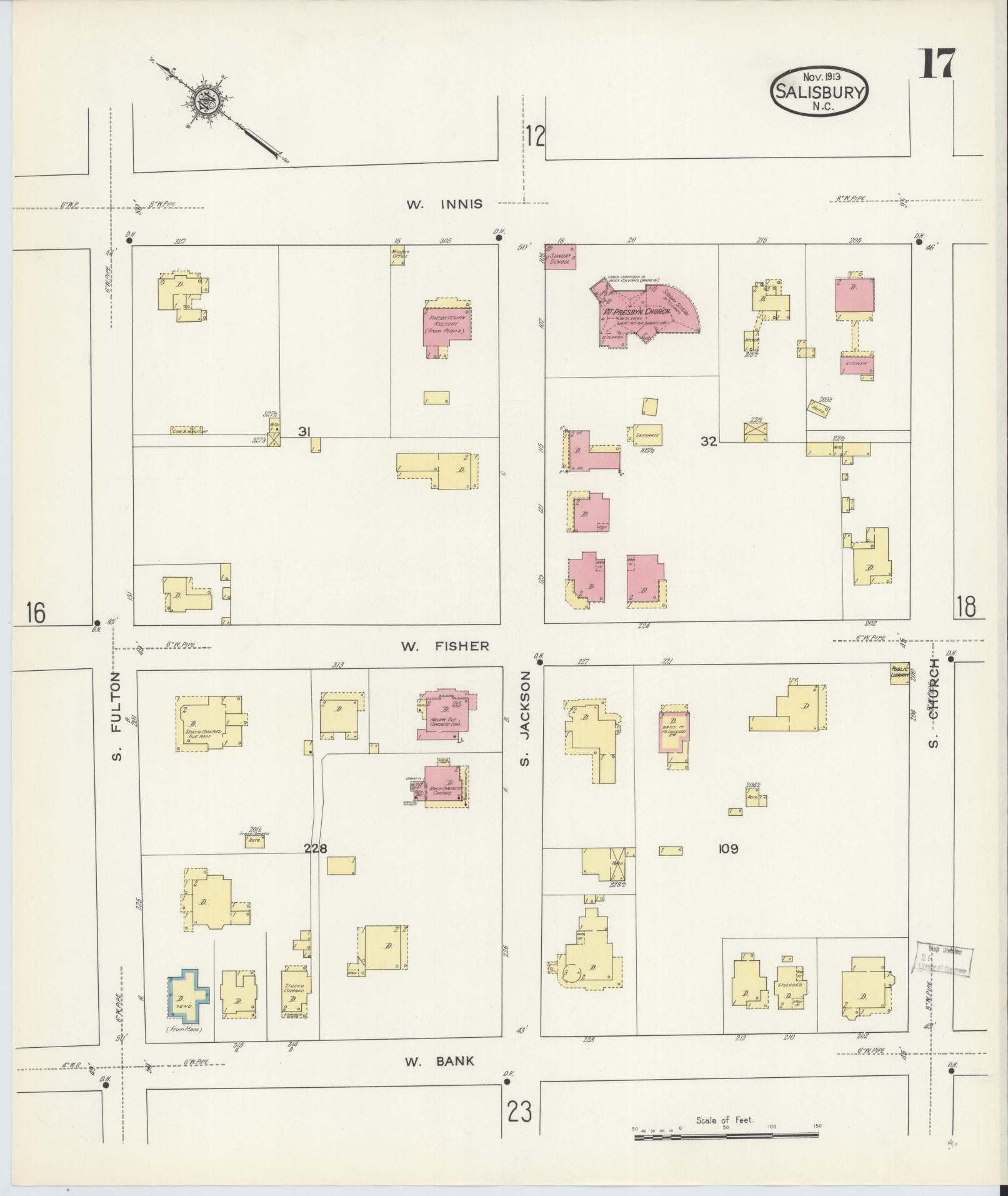 Sanborn Fire Insurance Map from Salisbury, Rowan County, North Carolina (1913), Sheet #0017 - Historic Sanborn Fire Insurance Map Print, vintage old map wall art, antique decor, genealogy gift, North Carolina North Carolina map