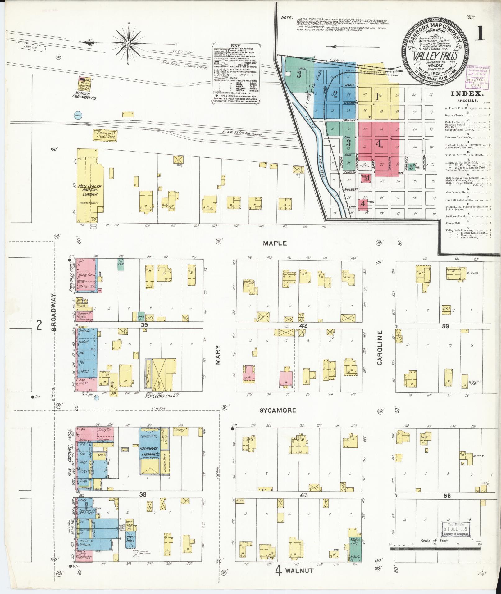 Sanborn Fire Insurance Map from Valley Falls, Jefferson County, Kansas (1905), Sheet #0001 - Complete Map Set gallery image, historic Sanborn map, vintage wall art, Kansas Kansas
