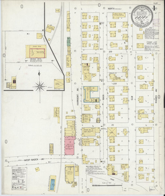 Sanborn Fire Insurance Map from West Baden, Orange County, Indiana (1906), Sheet #0001 - Complete Map Set gallery image, historic Sanborn map, vintage wall art, Indiana Indiana