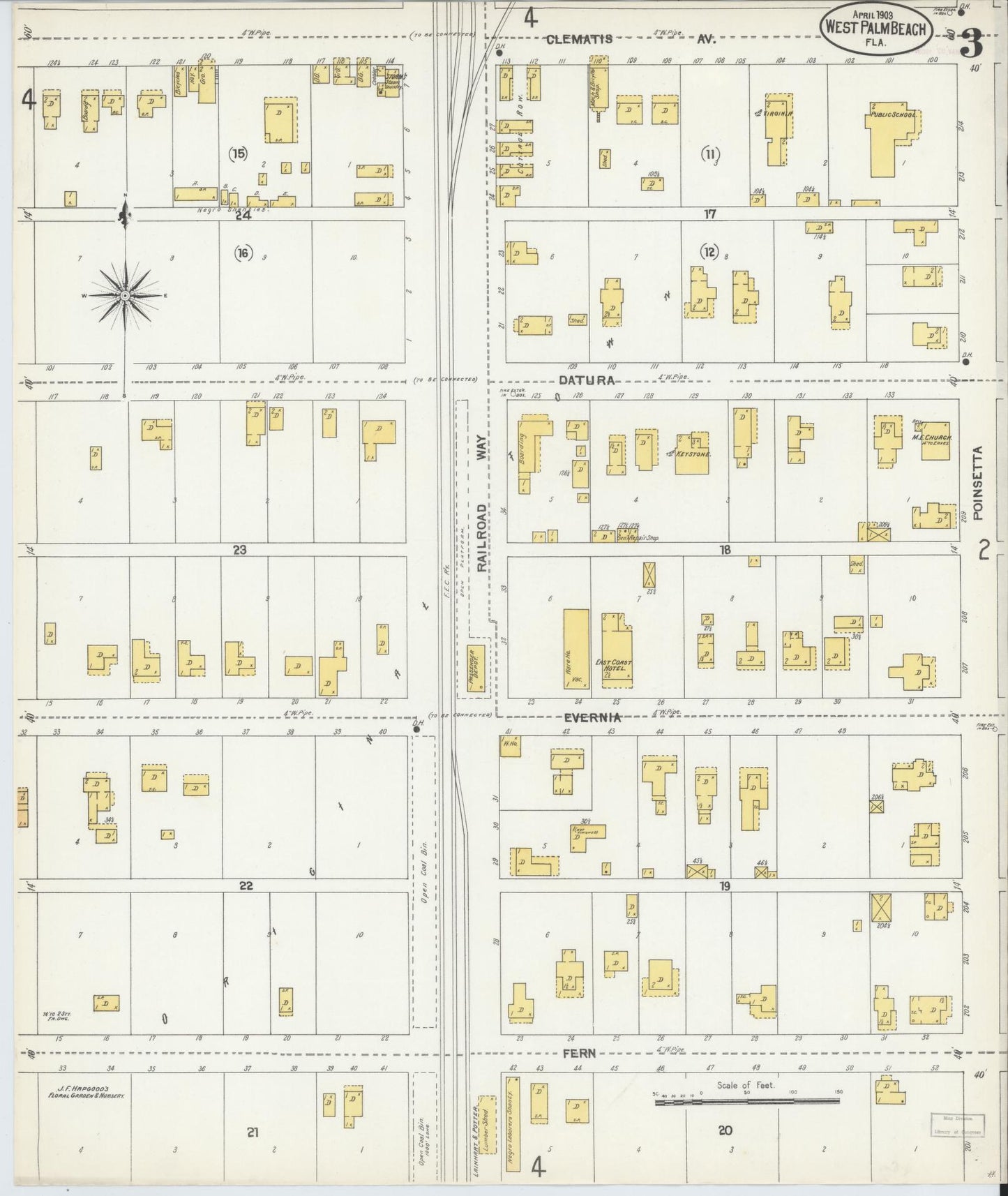 Sanborn Fire Insurance Map from West Palm Beach, Dade County, Florida (1903), Sheet #0003 - Historic Sanborn Fire Insurance Map Print, vintage old map wall art, antique decor, genealogy gift, Florida Florida map