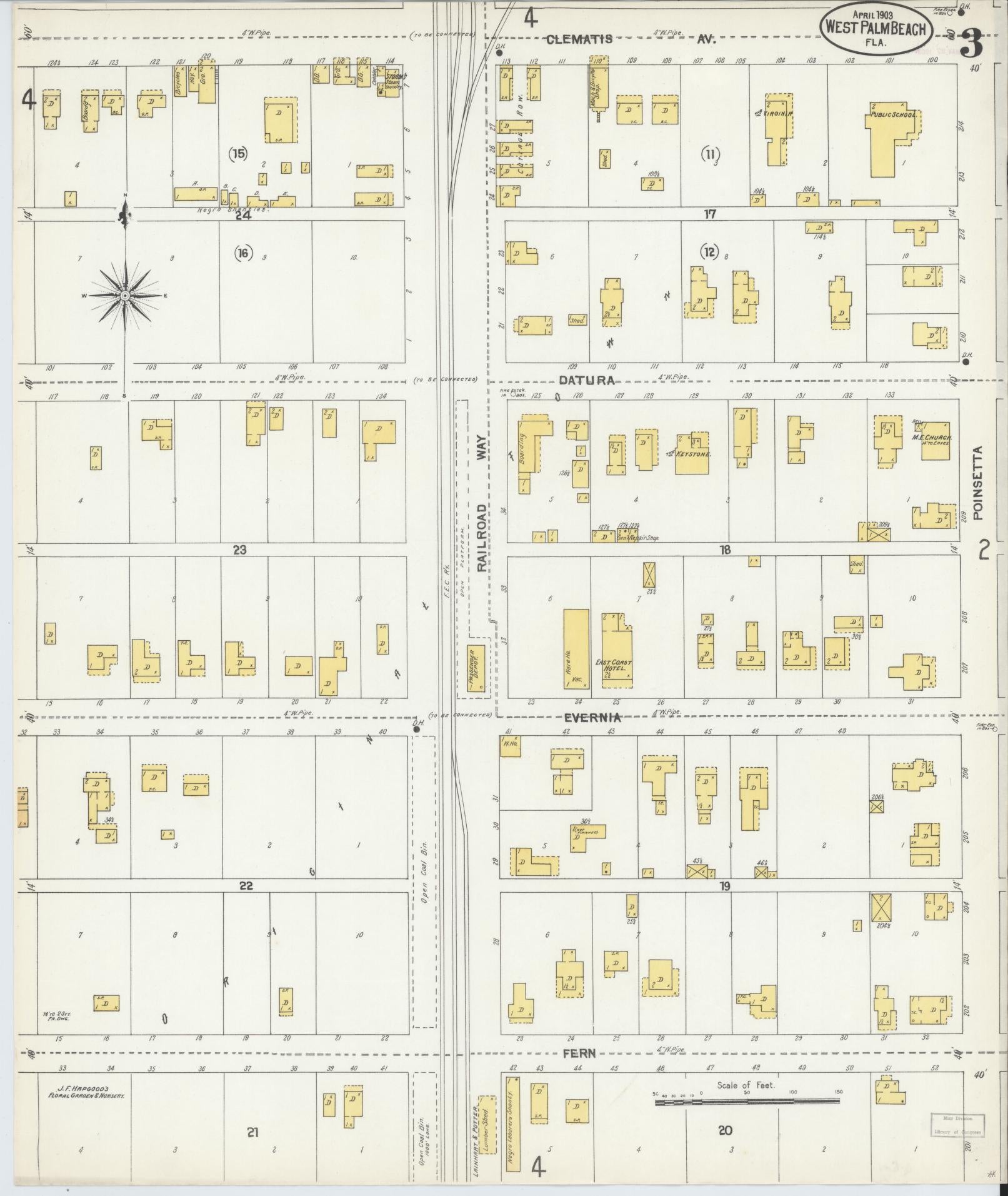 Sanborn Fire Insurance Map from West Palm Beach, Dade County, Florida (1903), Sheet #0003 - Historic Sanborn Fire Insurance Map Print, vintage old map wall art, antique decor, genealogy gift, Florida Florida map