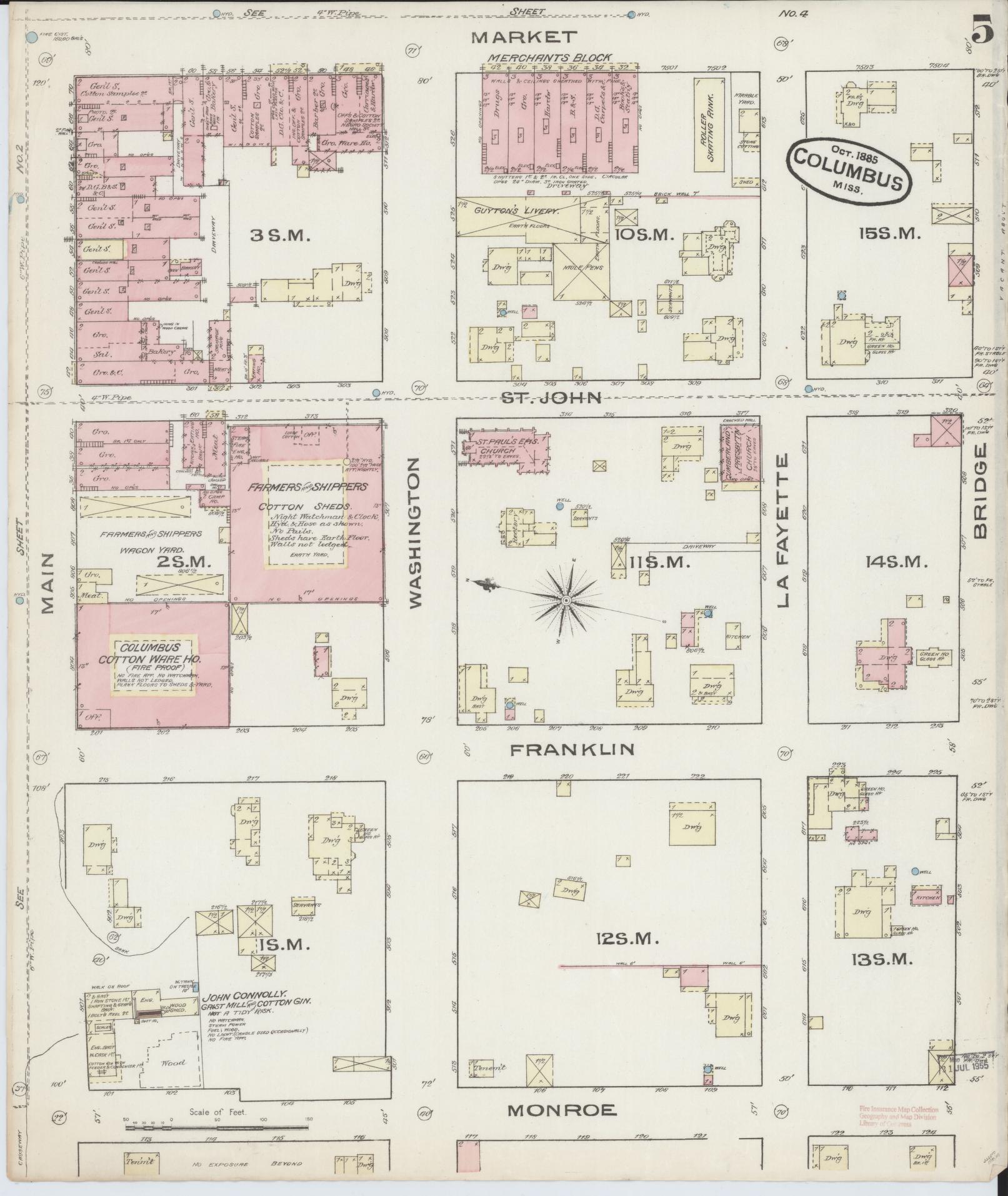 Sanborn Fire Insurance Map from Columbus, Lowndes County, Mississippi (1885), Sheet #0005 - Historic Sanborn Fire Insurance Map Print, vintage old map wall art, antique decor, genealogy gift, Mississippi Mississippi map