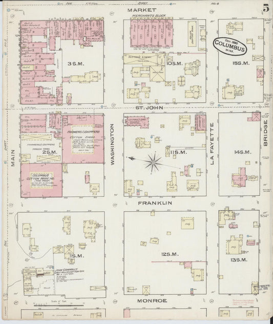 Sanborn Fire Insurance Map from Columbus, Lowndes County, Mississippi (1885), Sheet #0005 - Historic Sanborn Fire Insurance Map Print, vintage old map wall art, antique decor, genealogy gift, Mississippi Mississippi map
