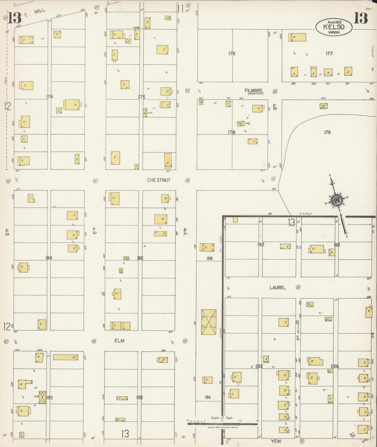Sanborn Fire Insurance Map from Kelso, Cowlitz County, Washington (1923), Sheet #0013 - Complete Map Set gallery image, historic Sanborn map, vintage wall art, Washington Washington