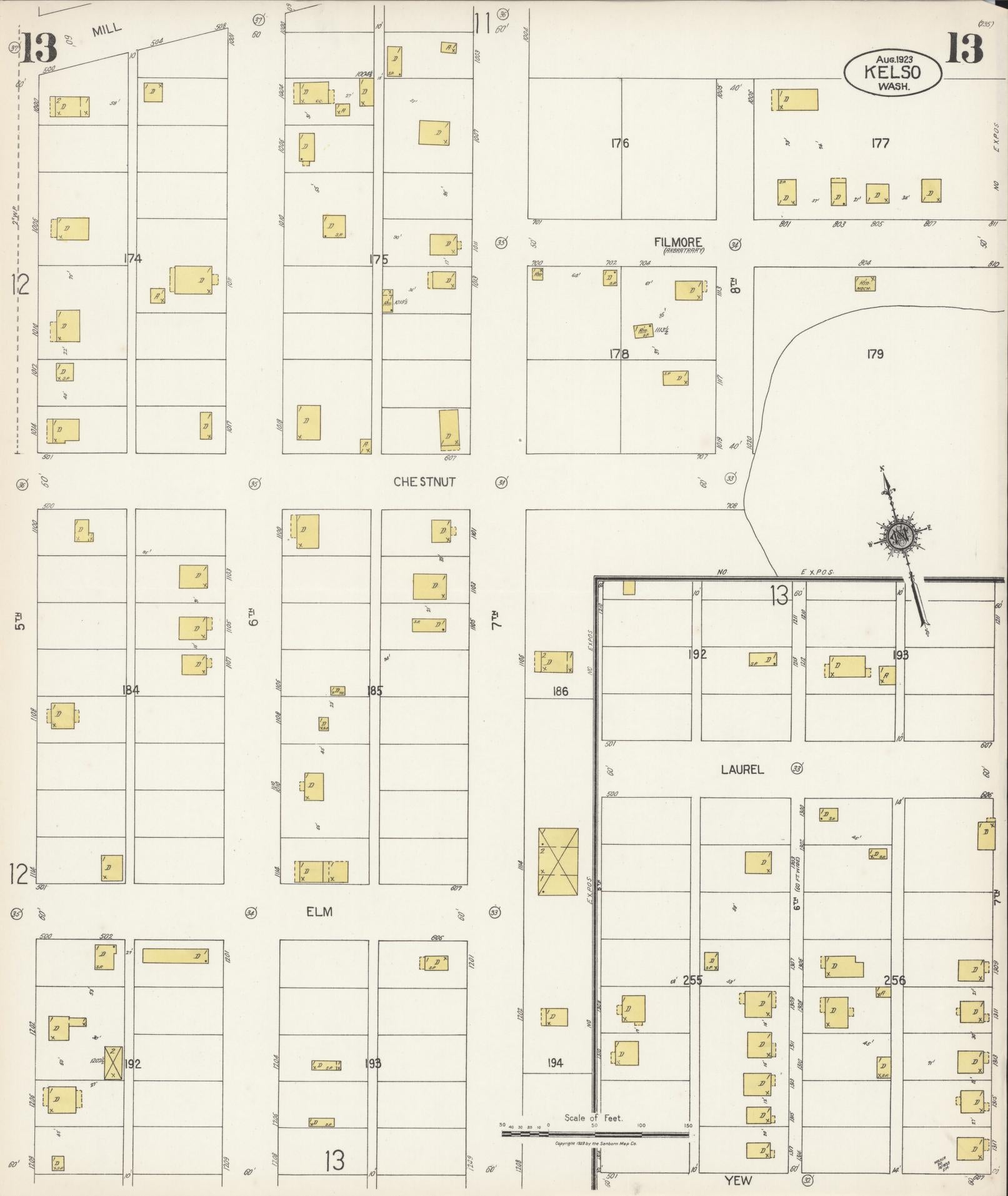 Sanborn Fire Insurance Map from Kelso, Cowlitz County, Washington (1923), Sheet #0013 - Complete Map Set gallery image, historic Sanborn map, vintage wall art, Washington Washington