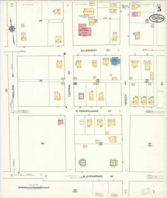 Sanborn Fire Insurance Map from Towson, Baltimore County, Maryland (1922), Sheet #0005 - Historic Sanborn Fire Insurance Map Print, vintage old map wall art, antique decor, genealogy gift, Maryland Maryland map