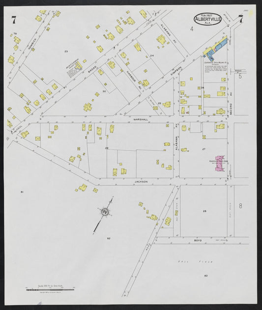 Sanborn Fire Insurance Map from Albertville, Marshall County, Alabama (1927), Sheet #0007 - Historic Sanborn Fire Insurance Map Print, vintage old map wall art, antique decor, genealogy gift, Alabama Alabama map