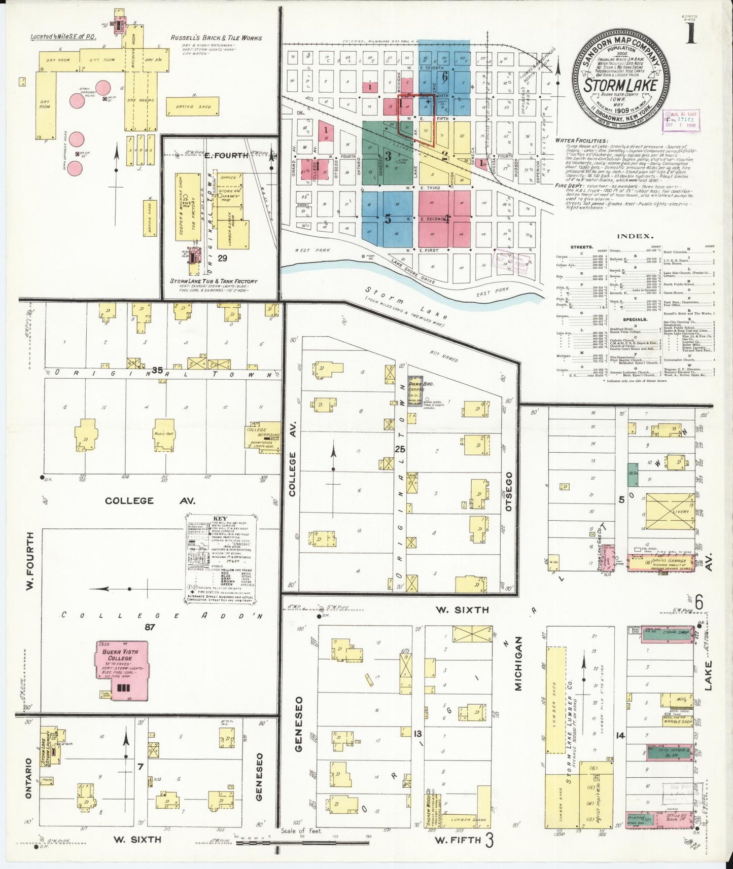 Sanborn Fire Insurance Map from Storm Lake, Buena Vista County, Iowa (1909), Sheet #0001 - Historic Sanborn Fire Insurance Map Print