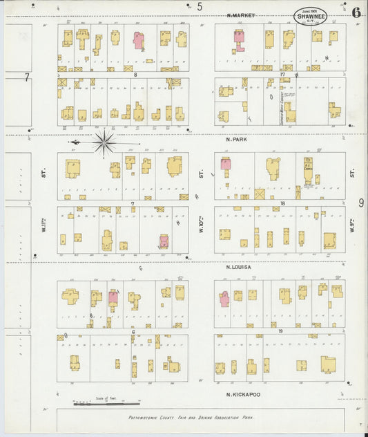 Sanborn Fire Insurance Map from Shawnee, Pottawatomie County, Oklahoma (1901), Sheet #0006 - Historic Sanborn Fire Insurance Map Print, vintage old map wall art, antique decor, genealogy gift, Oklahoma Oklahoma map