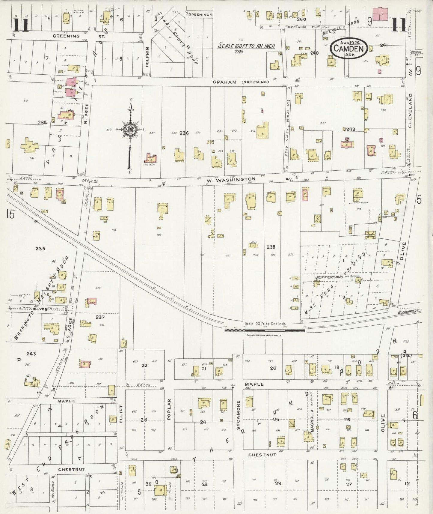 Sanborn Fire Insurance Map from Camden, Ouachita County, Arkansas (1924), Sheet #0011 - Historic Sanborn Fire Insurance Map Print, vintage old map wall art, antique decor, genealogy gift, Arkansas Arkansas map