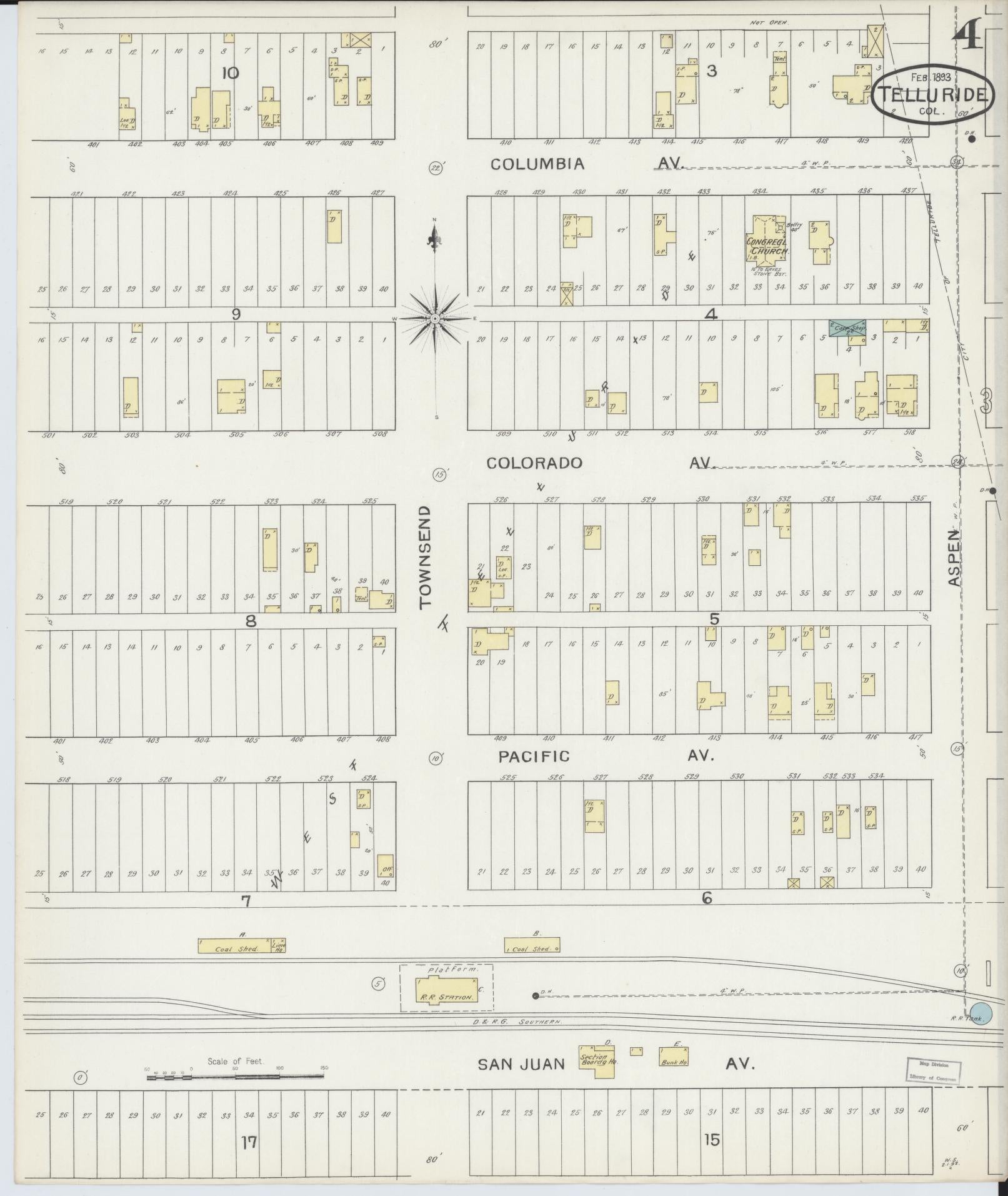 Sanborn Fire Insurance Map from Telluride, San Miguel County, Colorado (1893), Sheet #0004 - Historic Sanborn Fire Insurance Map Print, vintage old map wall art, antique decor, genealogy gift, Colorado Colorado map