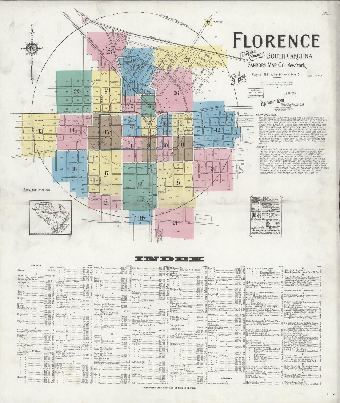 Sanborn Fire Insurance Map from Florence, Florence County, South Carolina (1924), Sheet #0001 - Historic Sanborn Fire Insurance Map Print, vintage old map wall art, antique decor, genealogy gift, South Carolina South Carolina map