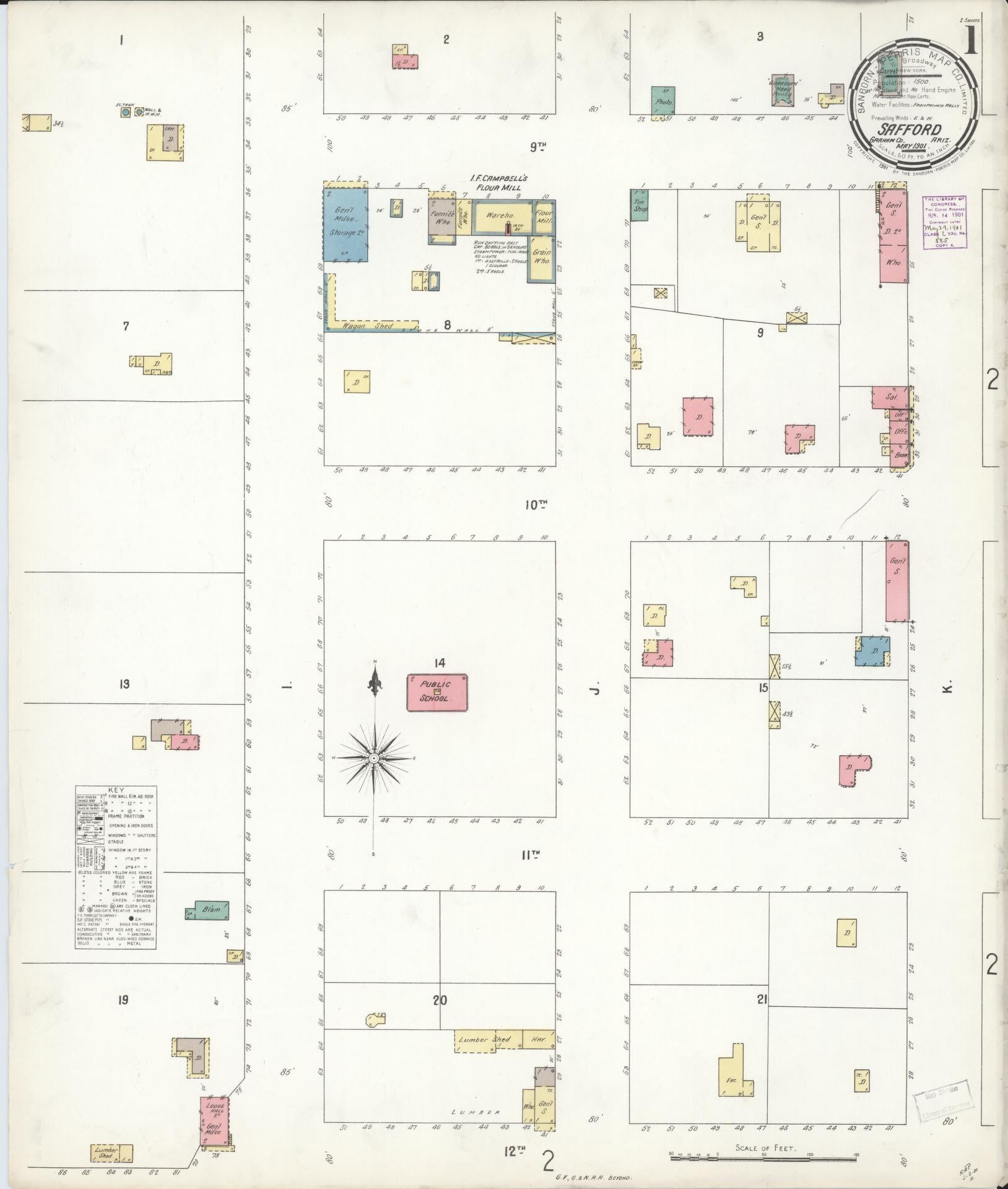 Sanborn Fire Insurance Map from Safford, Graham County, Arizona (1901), Sheet #0001 - Historic Sanborn Fire Insurance Map Print, vintage old map wall art, antique decor, genealogy gift, Arizona Arizona map