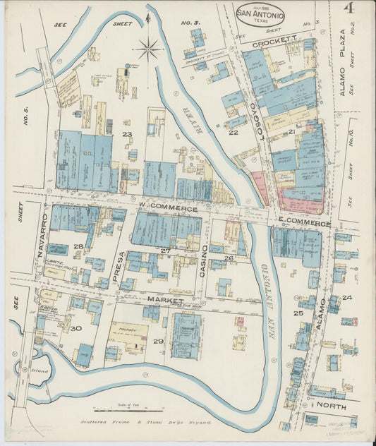 Sanborn Fire Insurance Map from San Antonio, Bexar County, Texas (1885), Sheet #0004 - Historic Sanborn Fire Insurance Map Print, vintage old map wall art, antique decor, genealogy gift, Texas Texas map
