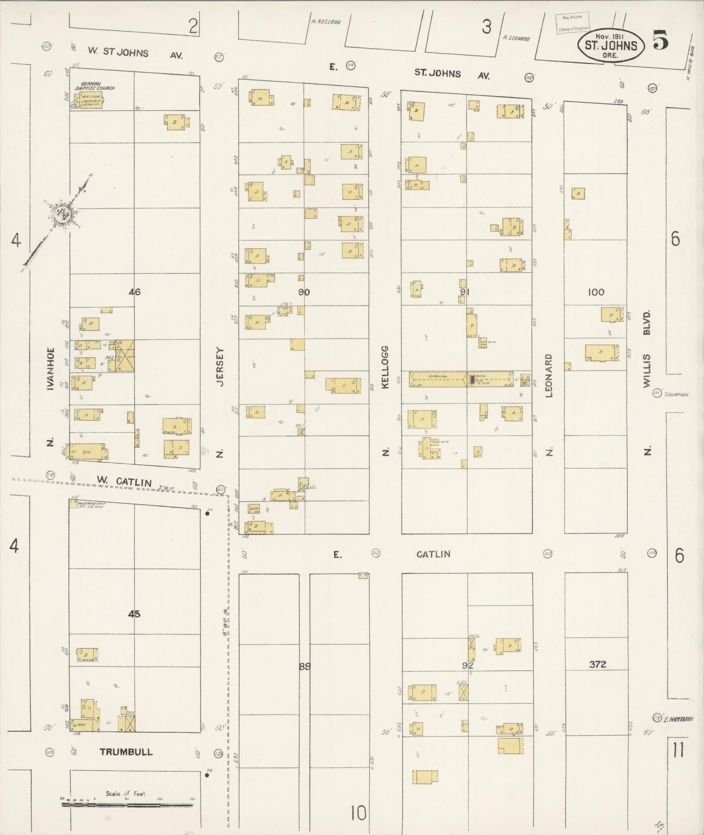 Sanborn Fire Insurance Map from Saint Johns, Multnomah County, Oregon (1911), Sheet #0005 - Complete Map Set gallery image, historic Sanborn map, vintage wall art, Oregon Oregon
