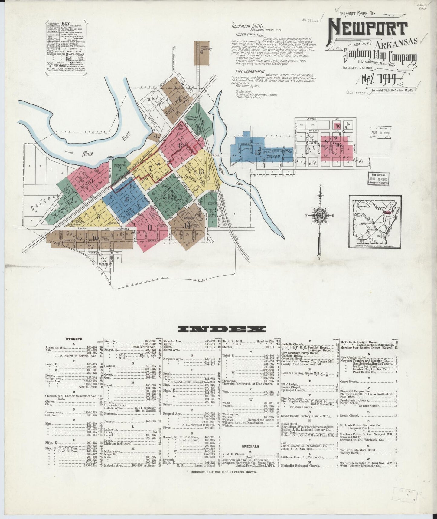 Sanborn Fire Insurance Map from Newport, Jackson County, Arkansas (1919), Sheet #0001 - Historic Sanborn Fire Insurance Map Print, vintage old map wall art, antique decor, genealogy gift, Arkansas Arkansas map