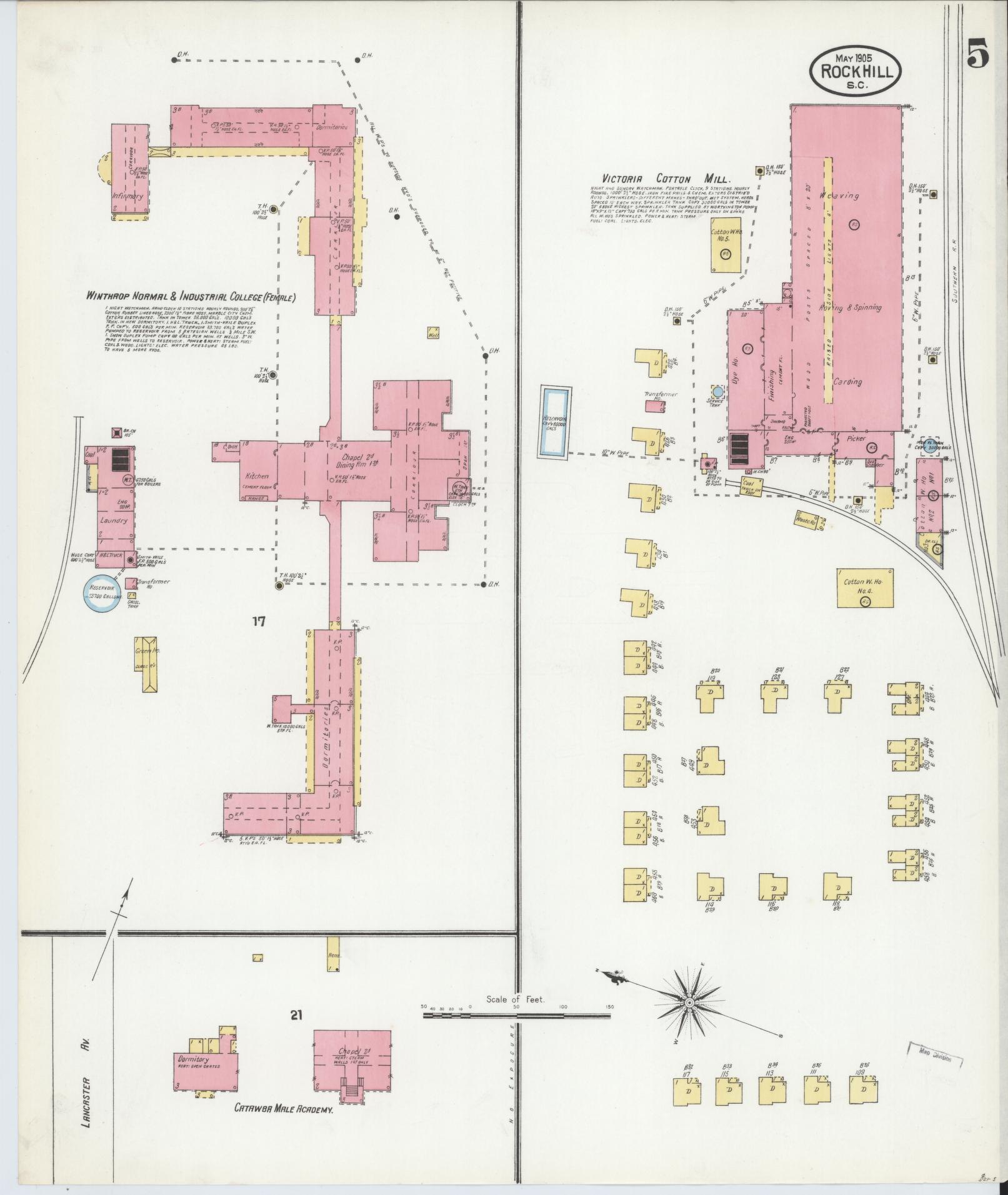 Sanborn Fire Insurance Map from Rock Hill, York County, South Carolina (1905), Sheet #0005 - Complete Map Set gallery image, historic Sanborn map, vintage wall art, South Carolina South Carolina
