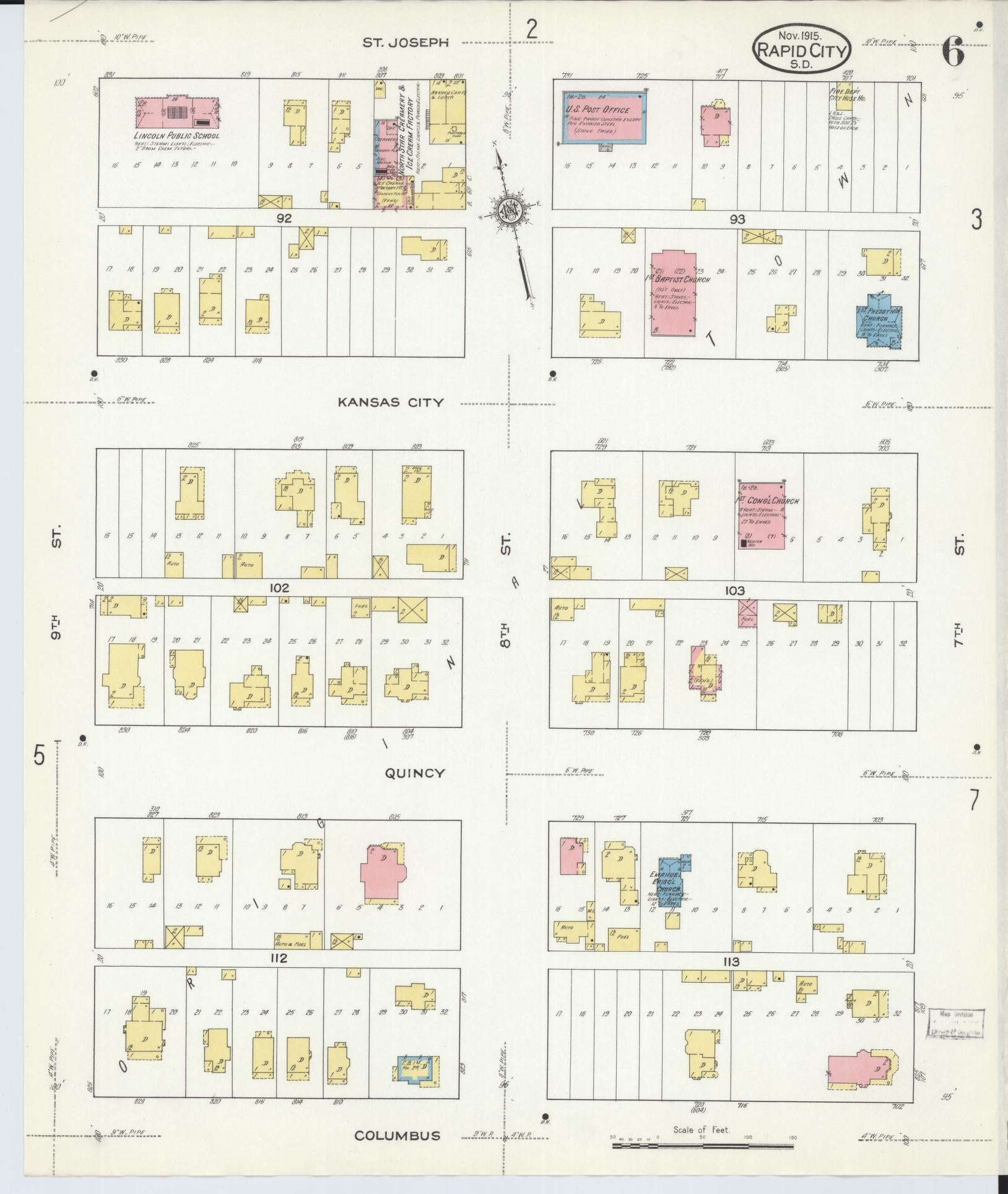 Sanborn Fire Insurance Map from Rapid City, Pennington County, South Dakota (1915), Sheet #0006 - Historic Sanborn Fire Insurance Map Print, vintage old map wall art, antique decor, genealogy gift, South Dakota South Dakota map