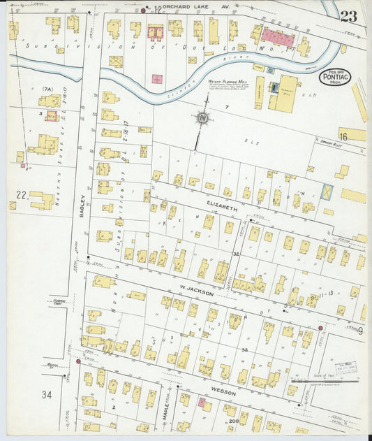 Sanborn Fire Insurance Map from Pontiac, Oakland County, Michigan (1919), Sheet #0023 - Historic Sanborn Fire Insurance Map Print, vintage old map wall art, antique decor, genealogy gift, Michigan Michigan map