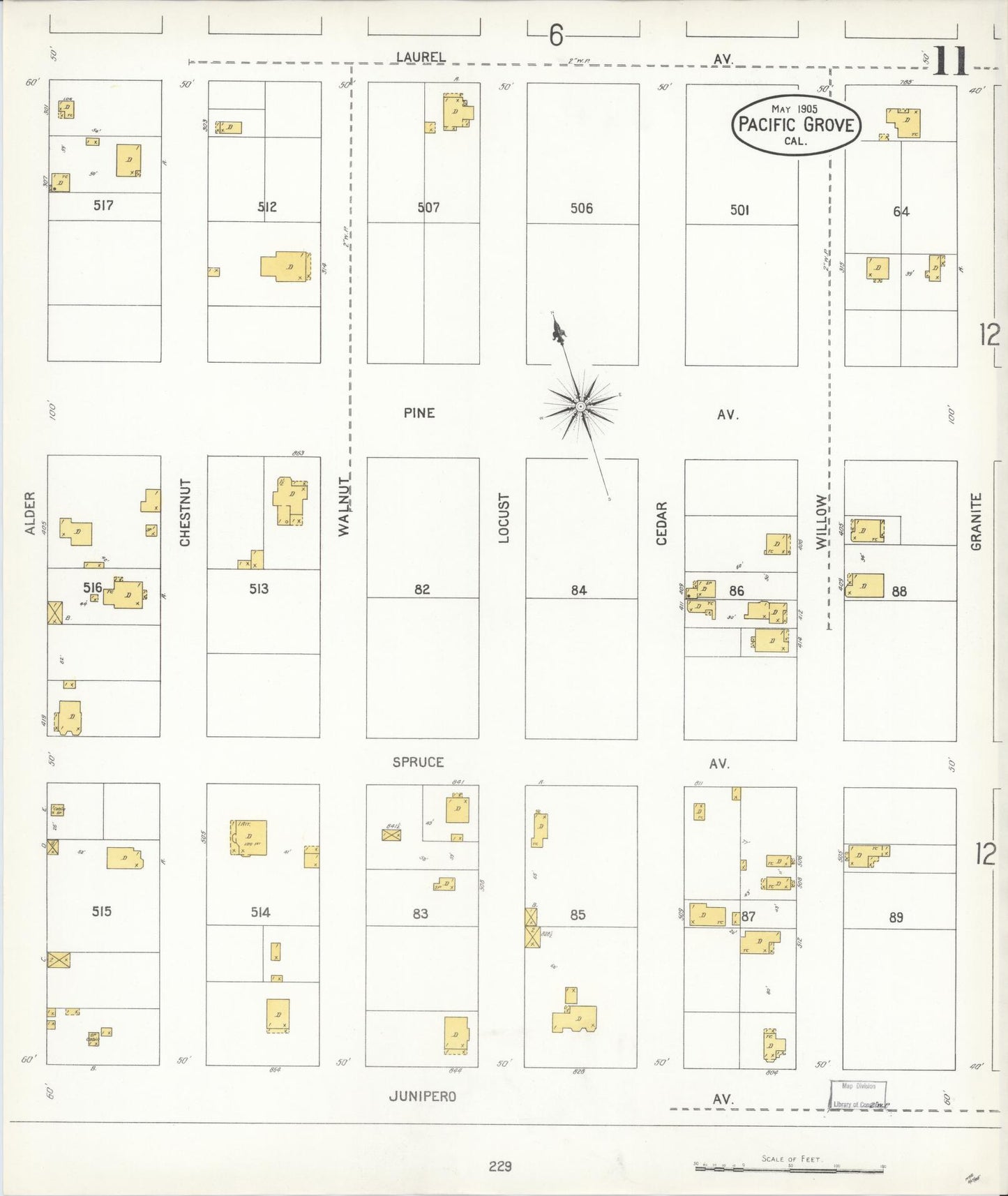 Sanborn Fire Insurance Map from Pacific Grove, Monterey County, California (1905), Sheet #0011 - Complete Map Set gallery image, historic Sanborn map, vintage wall art, California California