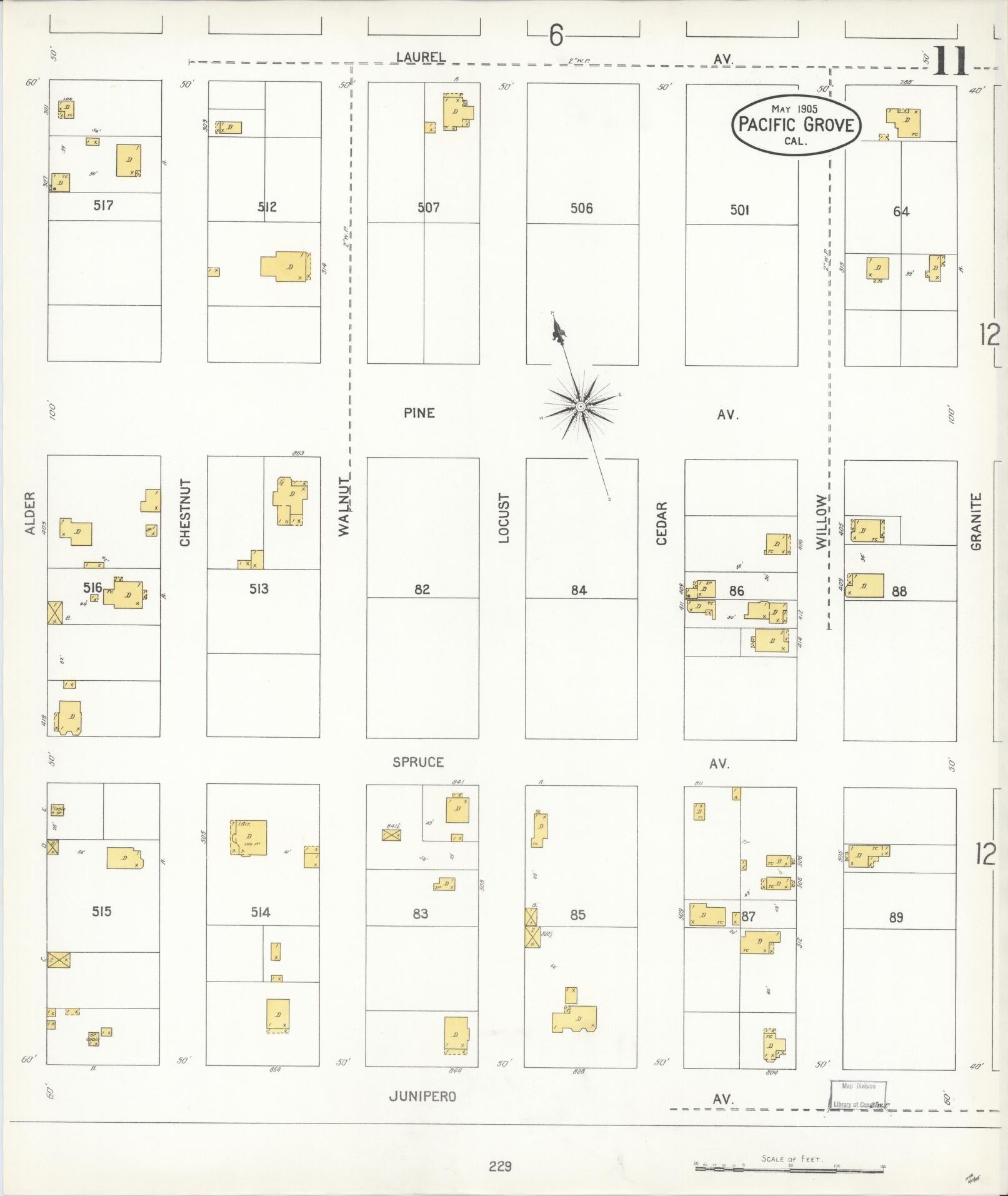 Sanborn Fire Insurance Map from Pacific Grove, Monterey County, California (1905), Sheet #0011 - Complete Map Set gallery image, historic Sanborn map, vintage wall art, California California