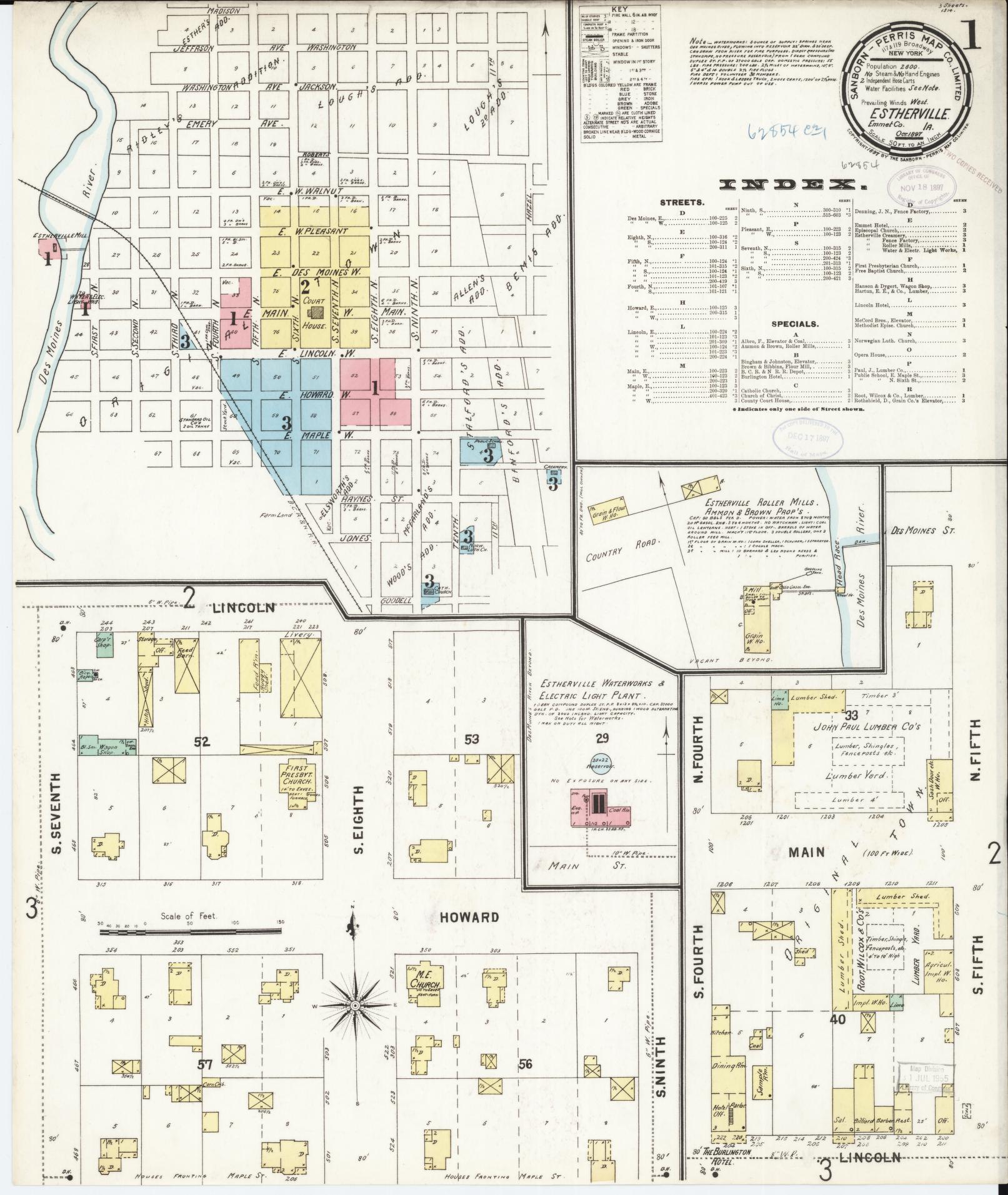 Sanborn Fire Insurance Map from Estherville, Emmet County, Iowa (1897), Sheet #0001 - Historic Sanborn Fire Insurance Map Print, vintage old map wall art