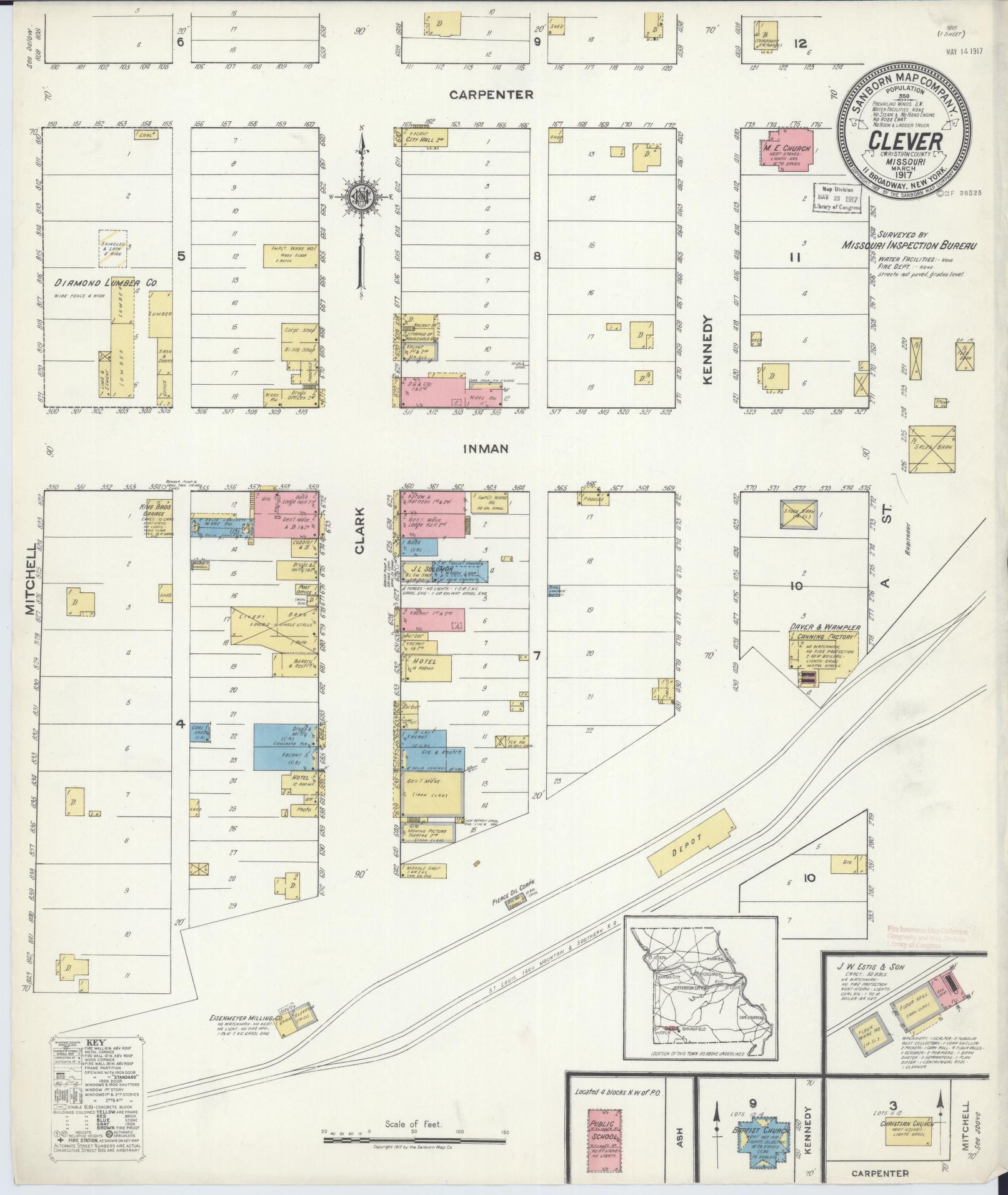 Sanborn Fire Insurance Map from Clever, Christian County, Missouri (1917), Sheet #0001 - Historic Sanborn Fire Insurance Map Print, vintage old map wall art, antique decor, genealogy gift, Missouri Missouri map