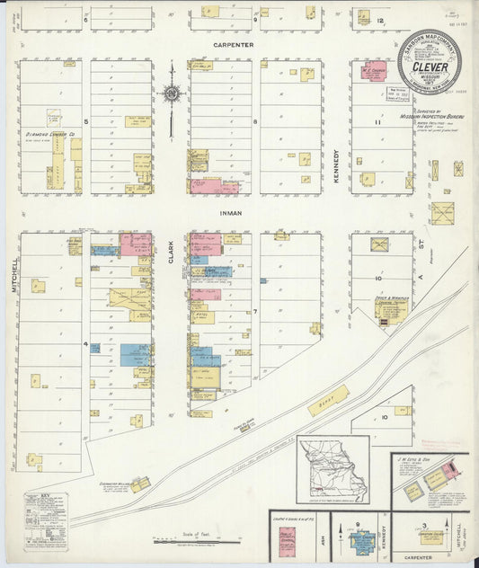 Sanborn Fire Insurance Map from Clever, Christian County, Missouri (1917), Sheet #0001 - Historic Sanborn Fire Insurance Map Print, vintage old map wall art, antique decor, genealogy gift, Missouri Missouri map