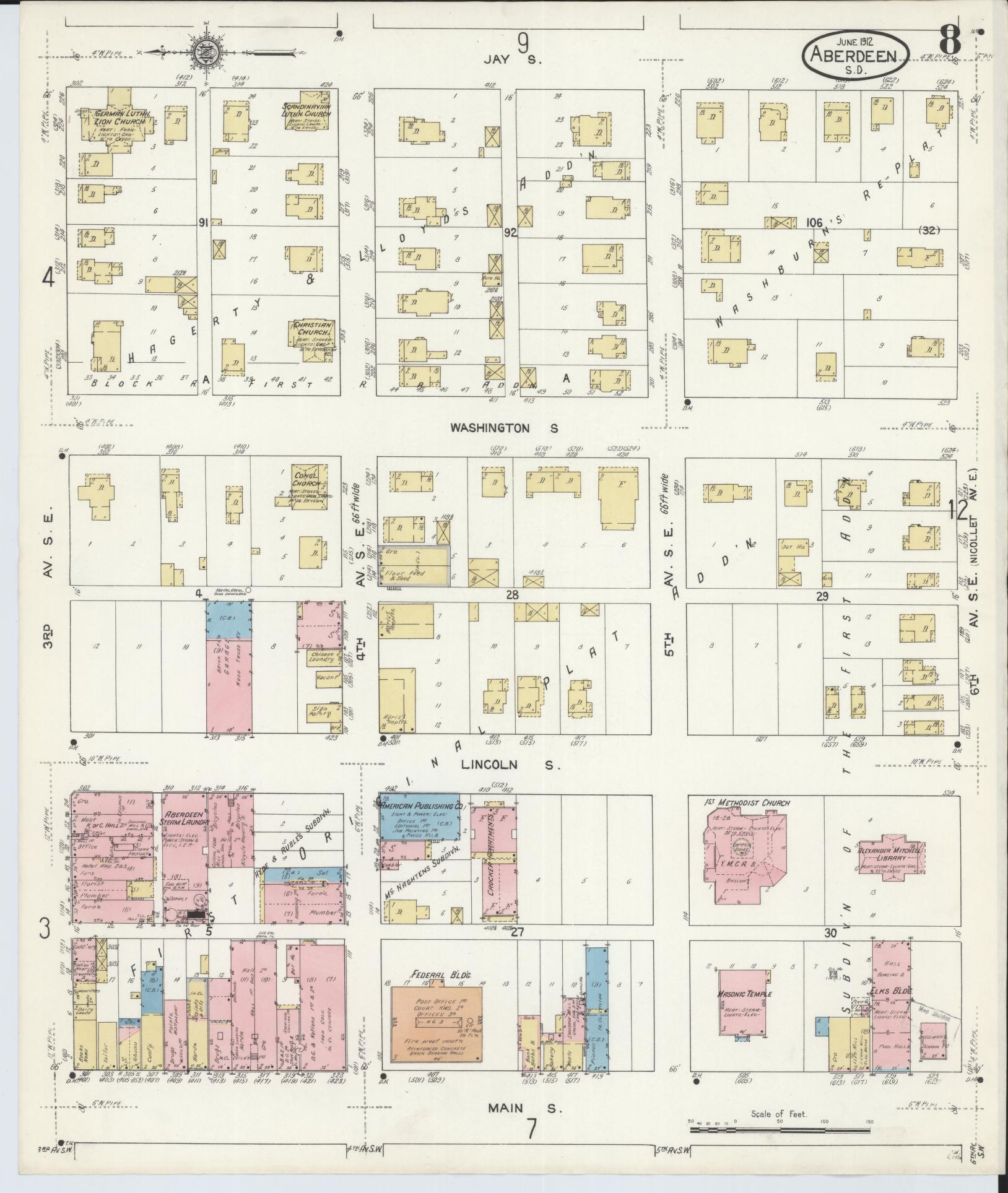 Sanborn Fire Insurance Map from Aberdeen, Brown County, South Dakota (1912), Sheet #0008 - Complete Map Set gallery image, historic Sanborn map, vintage wall art, South Dakota South Dakota