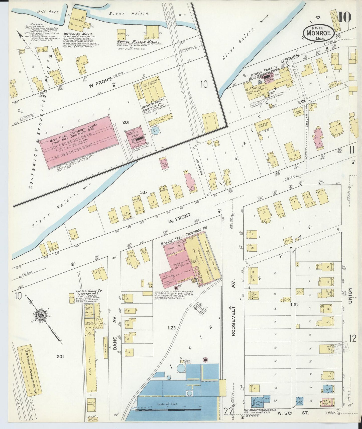 Sanborn Fire Insurance Map from Monroe, Monroe County, Michigan (1916), Sheet #0010 - Historic Sanborn Fire Insurance Map Print, vintage old map wall art, antique decor, genealogy gift, Michigan Michigan map
