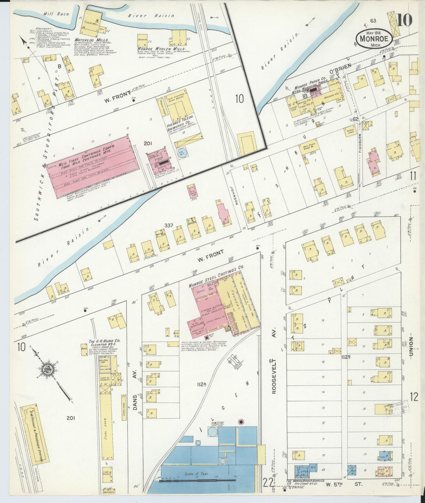 Sanborn Fire Insurance Map from Monroe, Monroe County, Michigan (1916), Sheet #0010 - Historic Sanborn Fire Insurance Map Print, vintage old map wall art, antique decor, genealogy gift, Michigan Michigan map