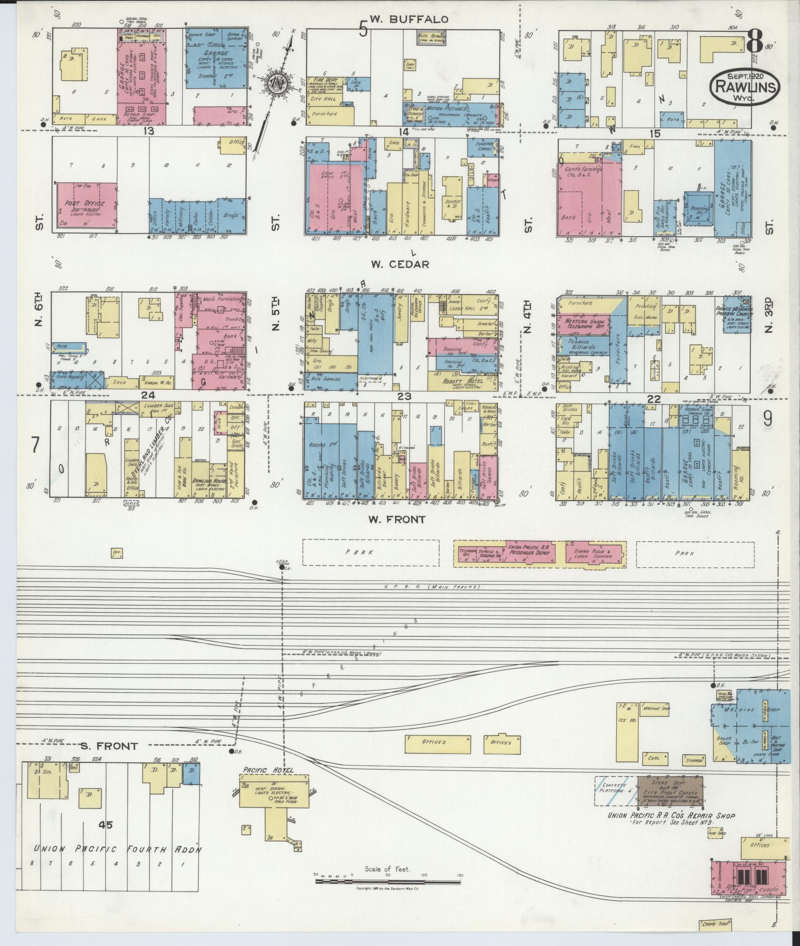 Sanborn Fire Insurance Map from Rawlins, Carbon County, Wyoming (1920), Sheet #0008 - Complete Map Set gallery image, historic Sanborn map, vintage wall art, Wyoming Wyoming